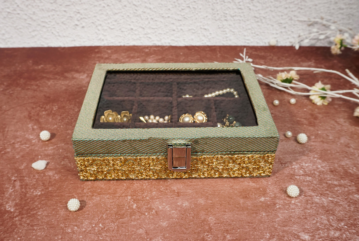 Brocade Earring Box Green