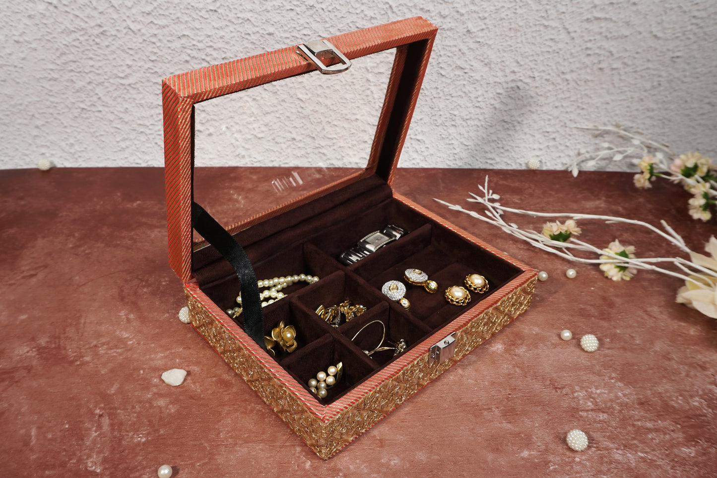 Brocade Earring Box Peach