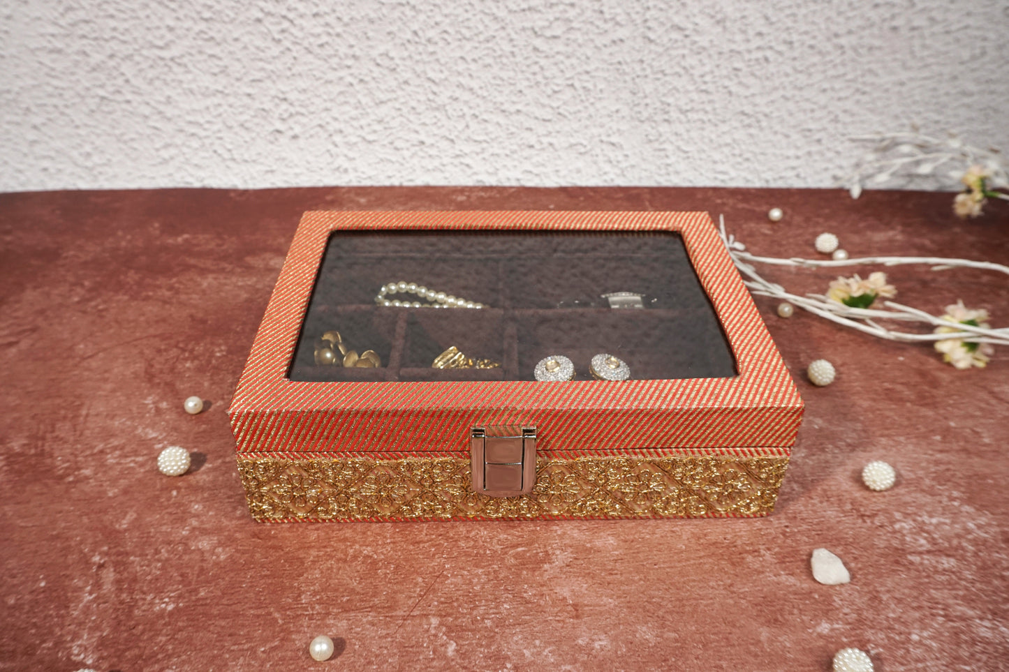 Brocade Earring Box Peach