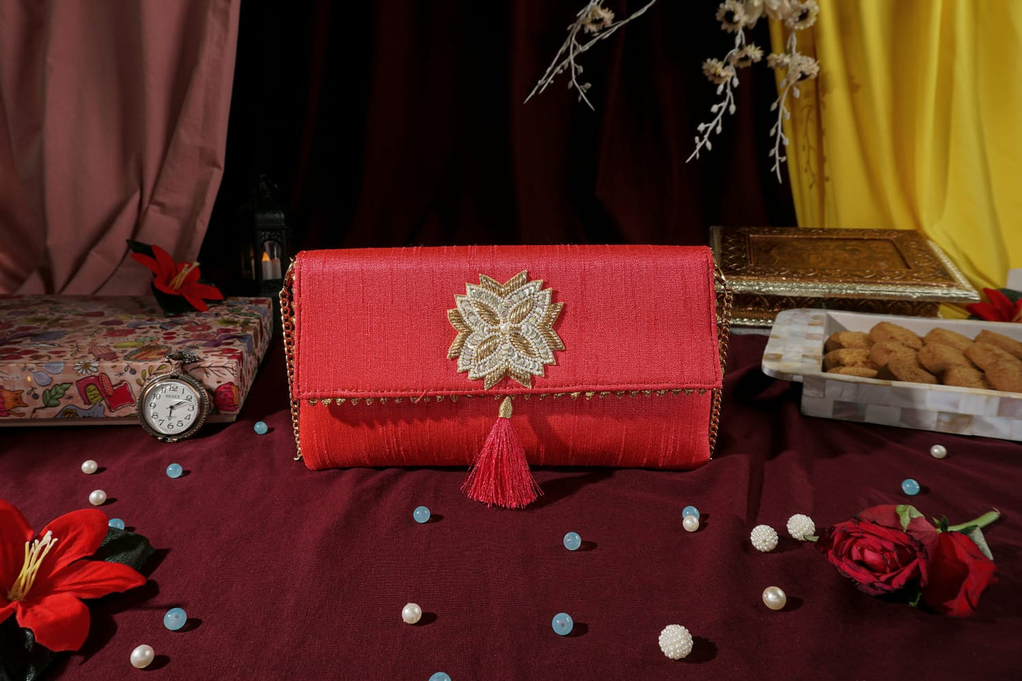 Pink square motif clutch