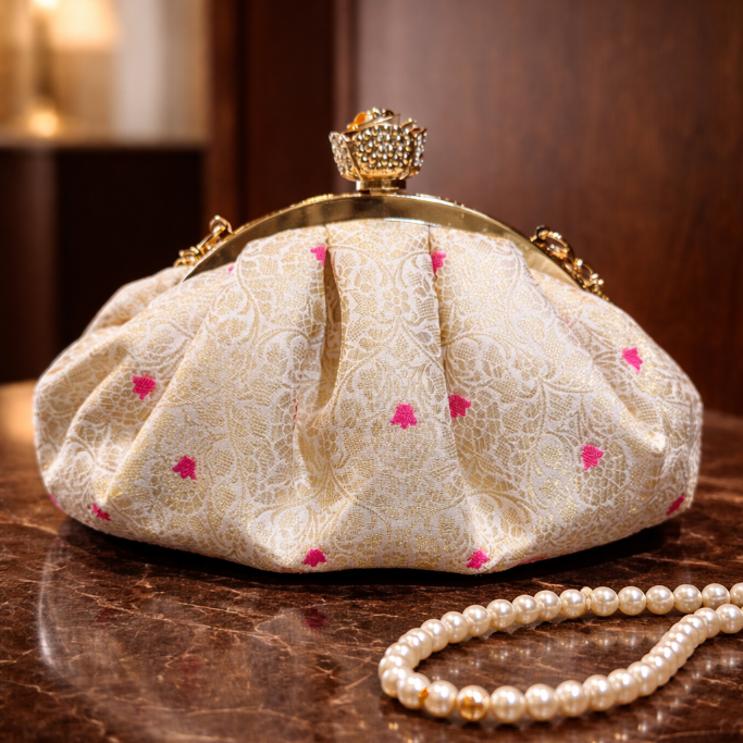 Light gold clutch bag with gold accents and pink polka dots on a wooden surface.