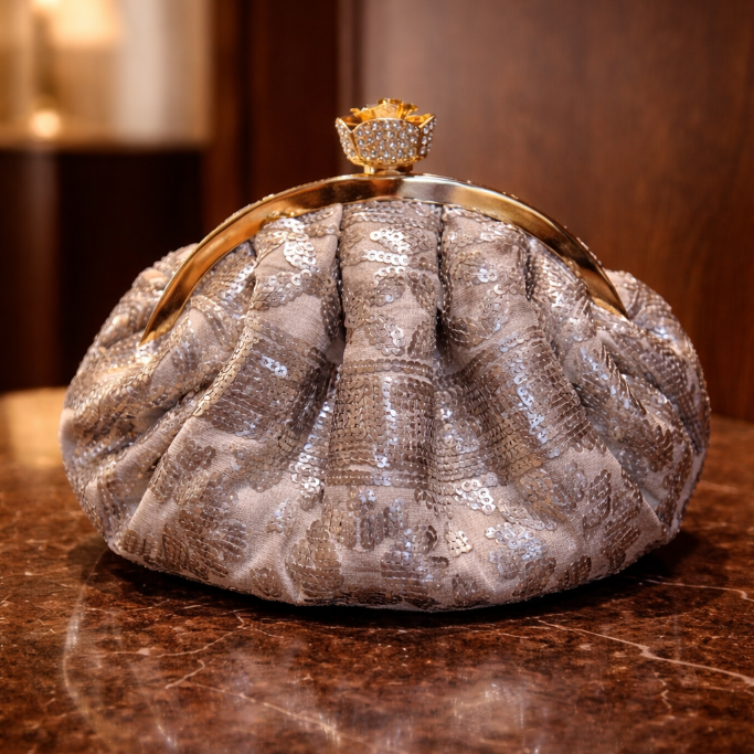 Bronze colored embillished clutch bag with a decorative clasp on a marble surface