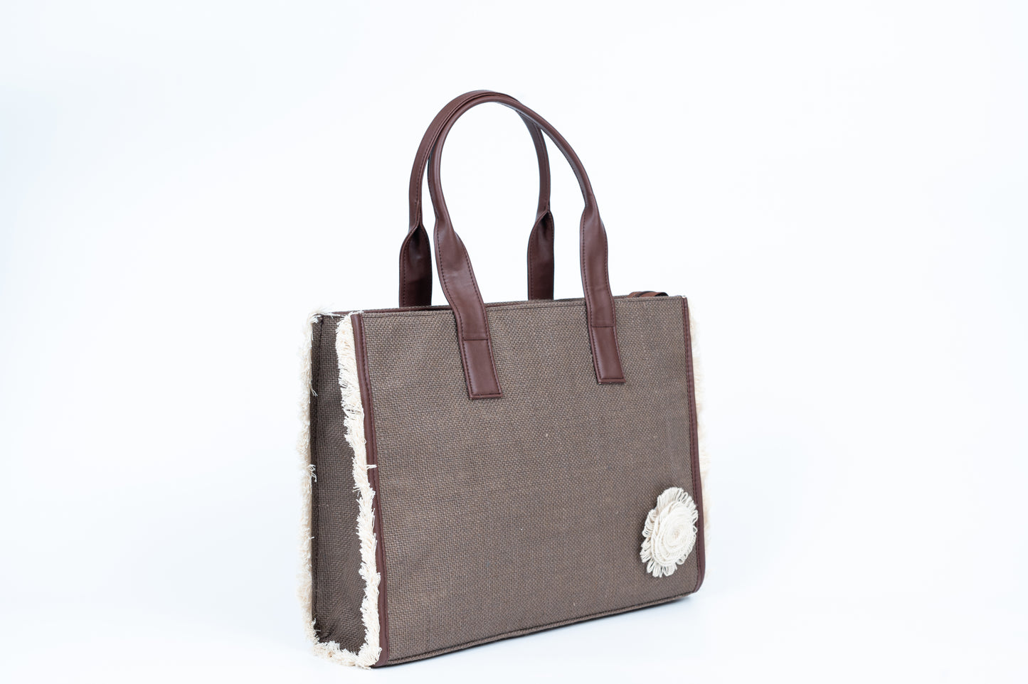 Brown Jute Tote with floral motif