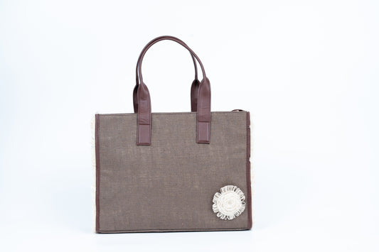 Brown Jute Tote with floral motif