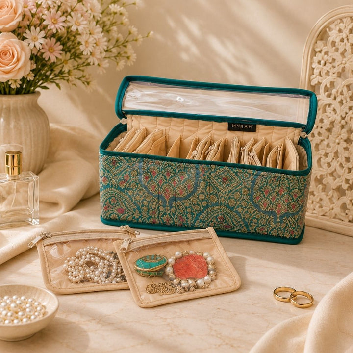 Partitioned Jewellery Organiser With Pouches (Green)
