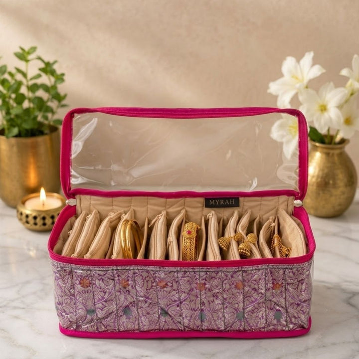 Partitioned Jewellery Organiser With Pouches (Purple)