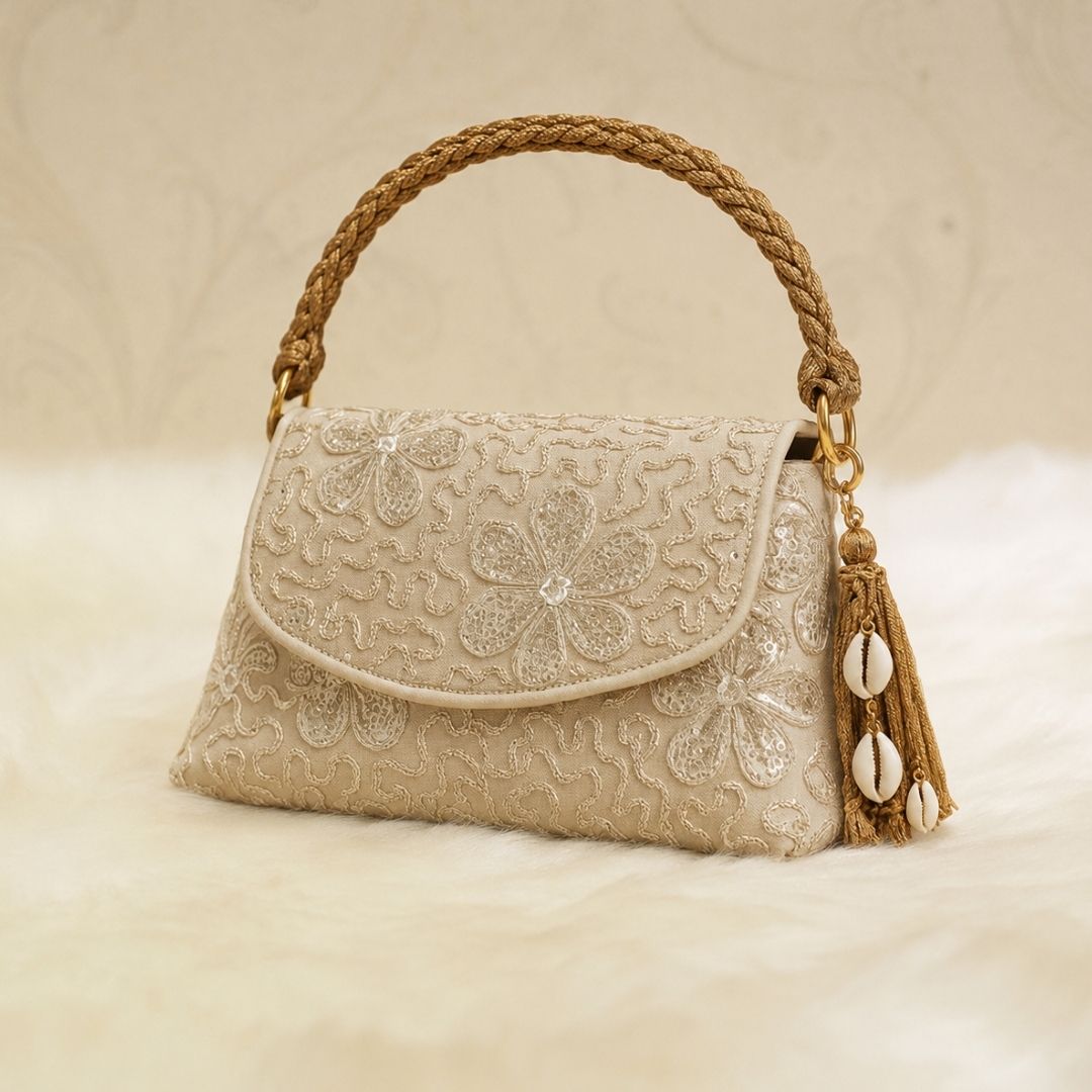 Elegant Tassel Clutch - Gold Floral