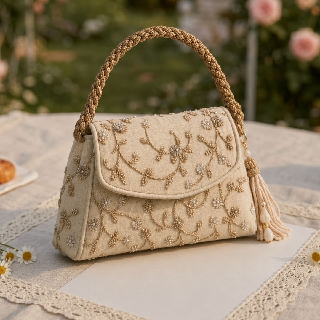 Elegant Tassel Clutch - Gold Bead Work