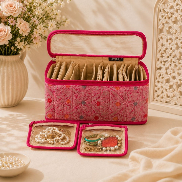 Partitioned Jewellery Organiser With Pouches (Pink)