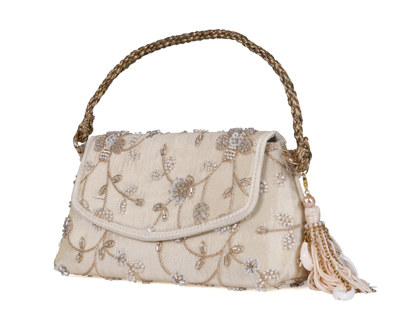 

Step back in time with this charming vintage-inspired clutch, featuring a classic design and a touch of nostalgia. You can carry this beautiful&nbsp; clutch with every outfit!

Size

Length: 9 inches

Height: 5 inches

Height : with handle : 9 inches&nbsp;

Width : 3 inches&nbsp;

Material : Embroidered silk

Inclusions

1 long gold chain to carry on shoulder

Overlapping closure

Tassels