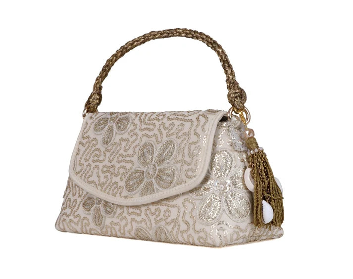Elegant Tassel Clutch - Gold Floral