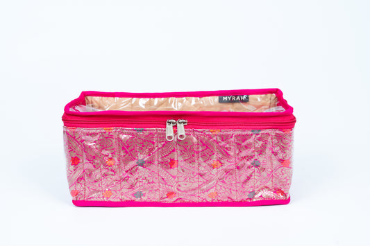 Partitioned jewellery organiser with pouches (Pink)