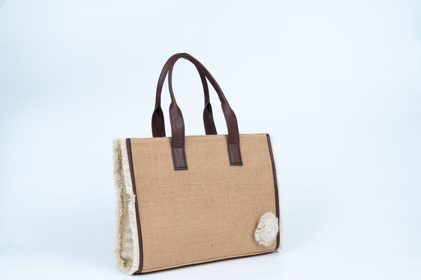 Dusty brown Jute Tote with floral motif