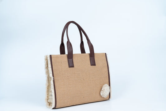 Dusty brown Jute Tote with floral motif