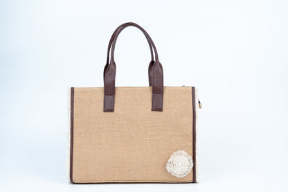 Dusty brown Jute Tote with floral motif