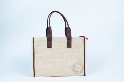 Ivory Jute Tote with floral motif