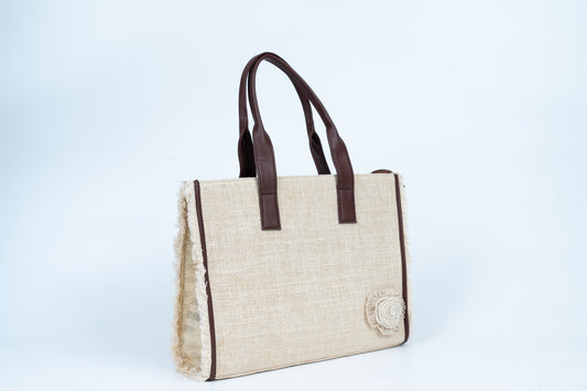 Ivory Jute Tote with floral motif