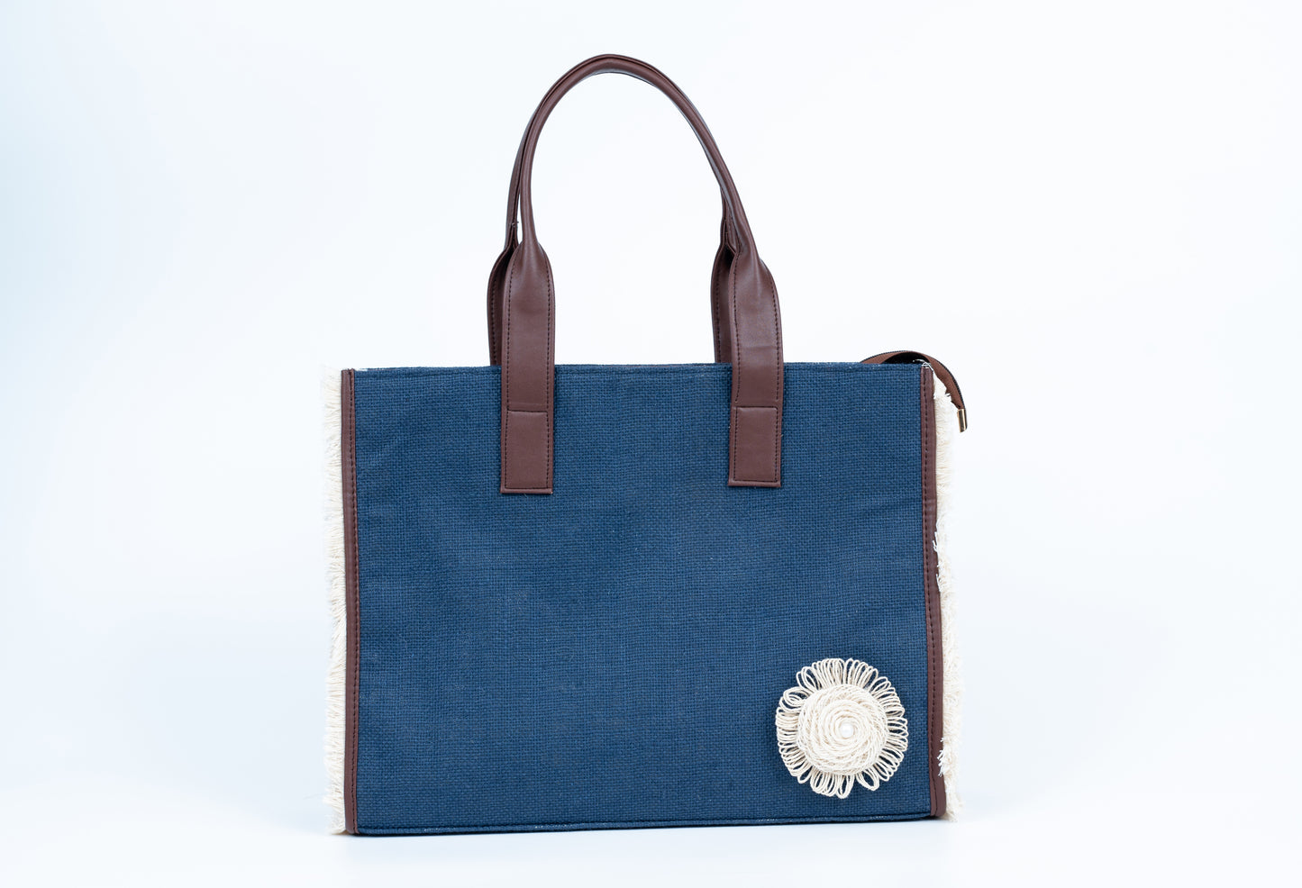 Blue Jute Tote with floral motif