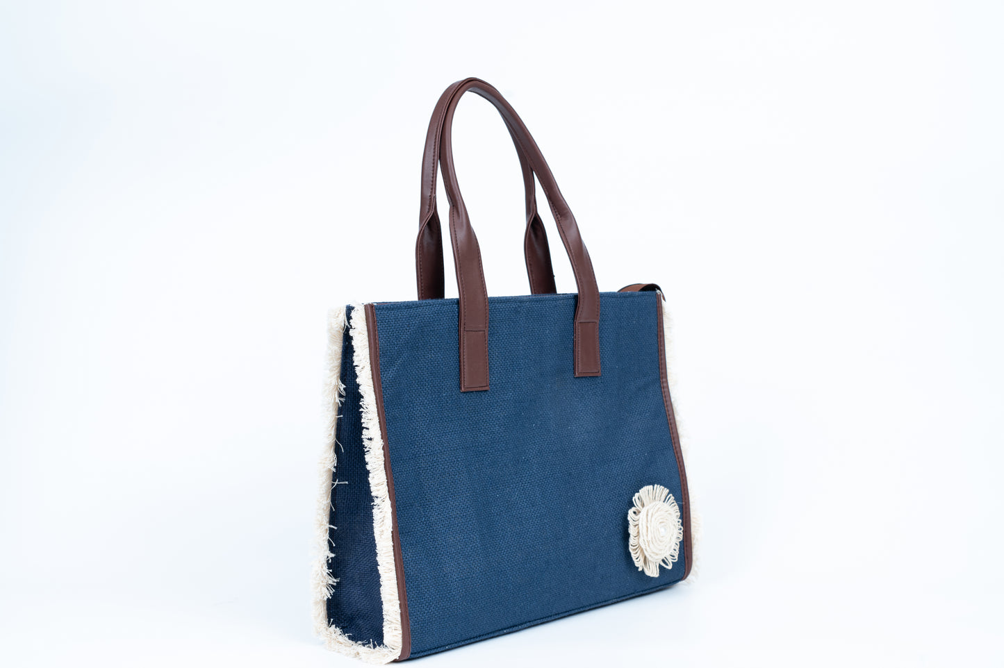 Blue Jute Tote with floral motif