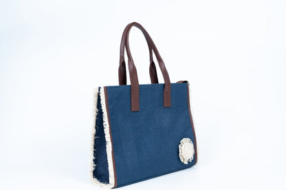 Blue Jute Tote with floral motif