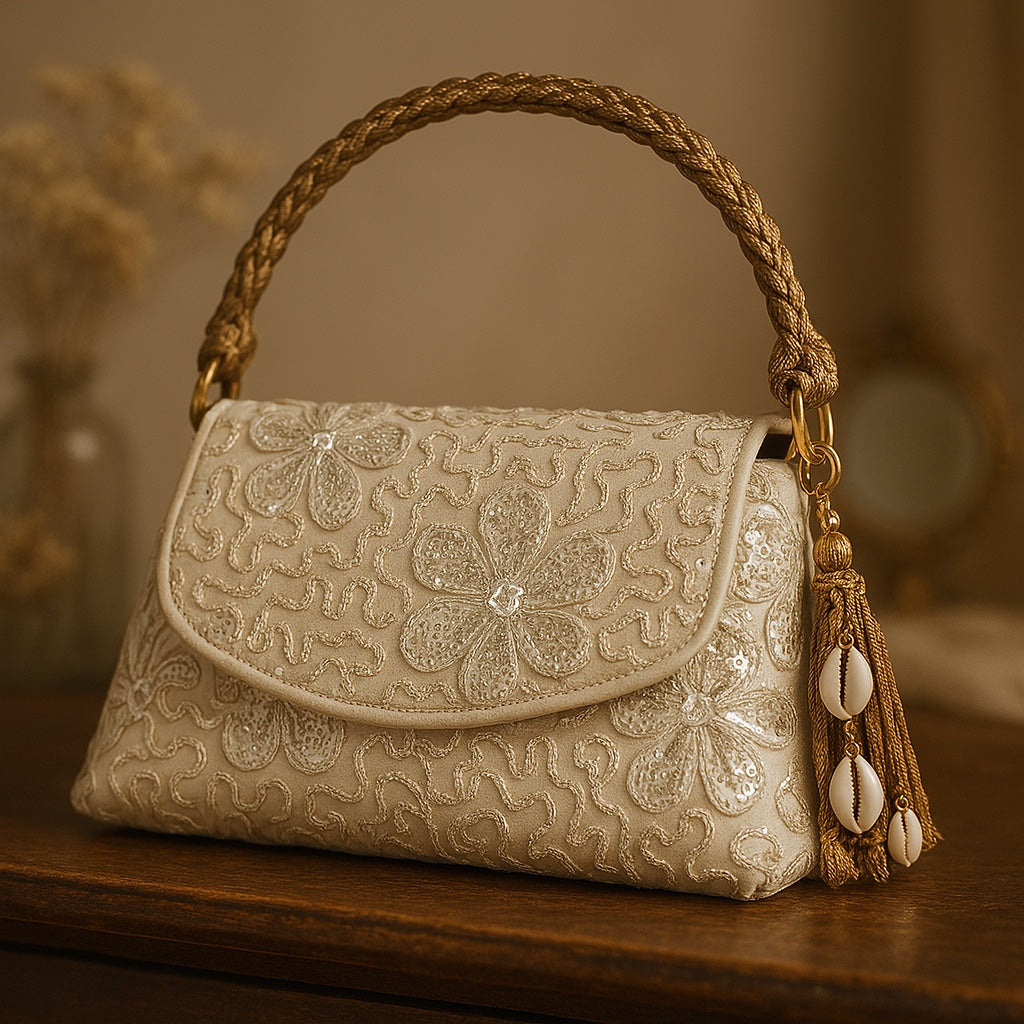 

Infuse your festive look with a touch of Indian opulence through our diverse range of clutches. You can carry this beautiful&nbsp; clutch with every outfit!

Size&nbsp;

Length : 9.5 inches

Height : 5 inches

Width : 3.5 inches

Features : Magnetic Lock / tassels

Material : Sequined organza