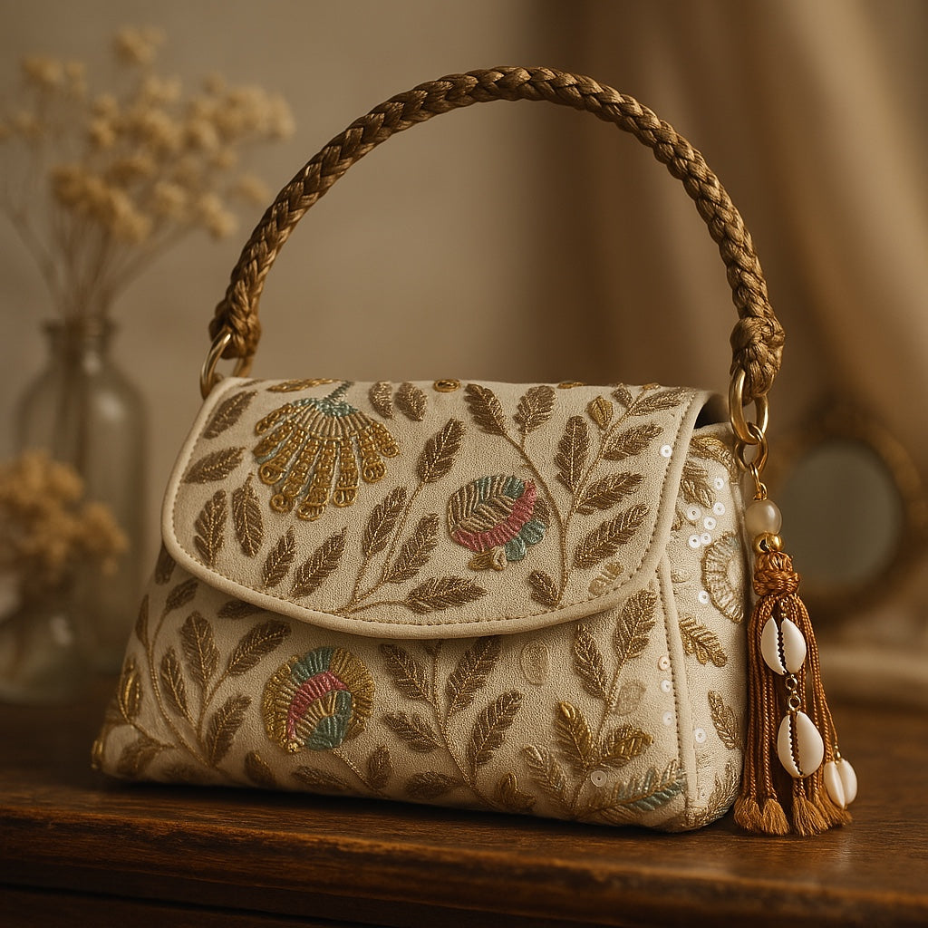 

Infuse your festive look with a touch of Indian opulence through our diverse range of clutches. You can carry this beautiful&nbsp; clutch with every outfit!

Size&nbsp;

Length : 9.5 inches

Height : 5 inches

Width : 3.5 inches

Features : Magnetic Lock / tassels

Material : Embroidered silk