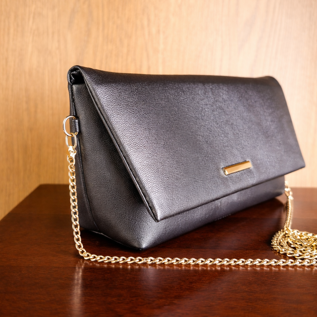 Bronze shimmer handbag with a gold chain on a wooden surface